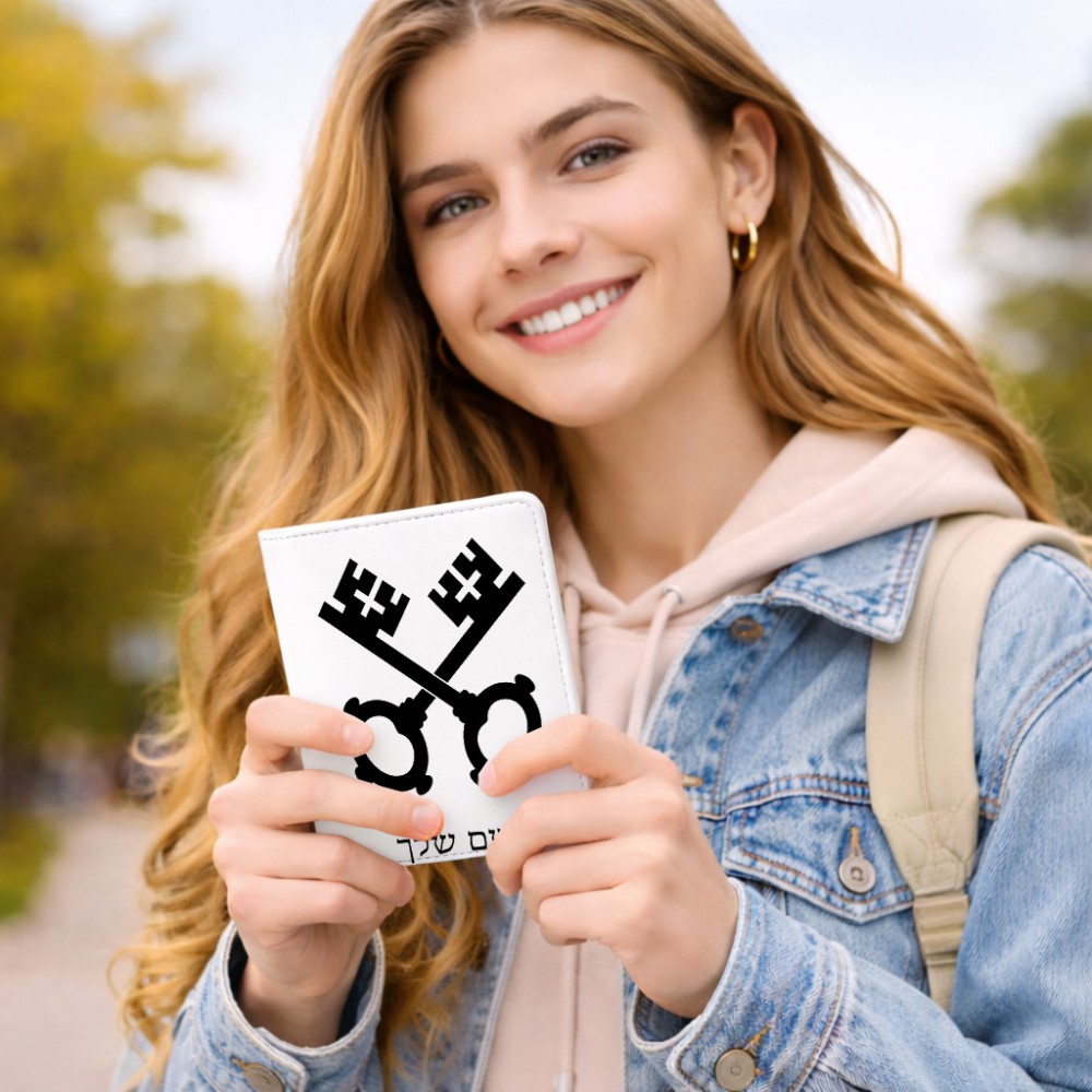 כיסוי דרכון ת.ז ארנק צבע פנימי אפור בעיצוב אישי עם השם שלך בעיצוב מפתחות גודל 10 × 14.4 ס"מ