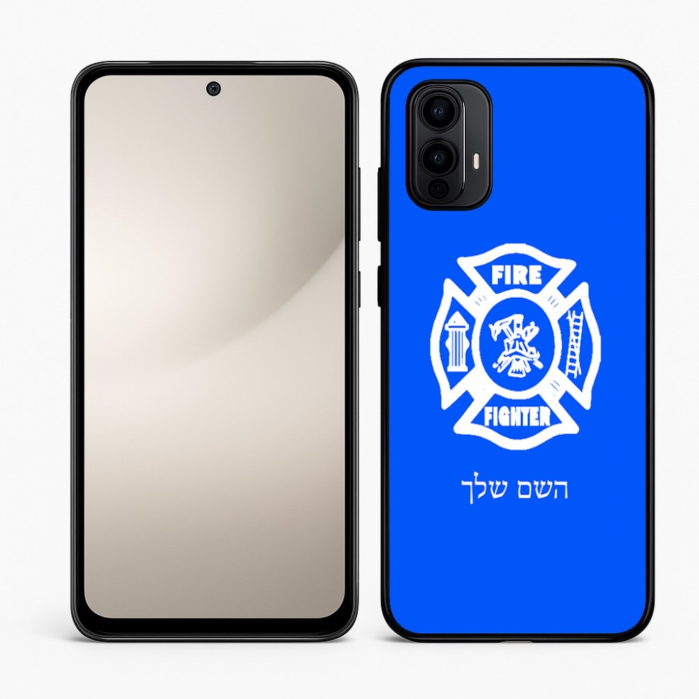 כיסוי בעיצוב אישי עם השם שלך לדגם - Motorola Moto E15 4G בעיצוב כבאי - תגית