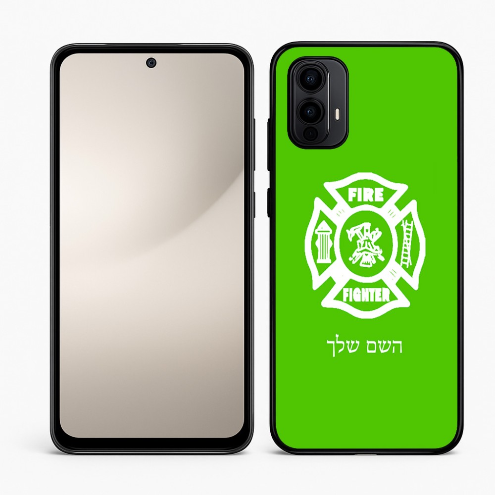 כיסוי בעיצוב אישי עם השם שלך לדגם - Motorola Moto E15 4G בעיצוב כבאי - תגית
