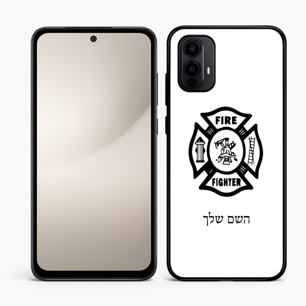 כיסוי בעיצוב אישי עם השם שלך לדגם - Motorola Moto E15 4G בעיצוב כבאי - תגית