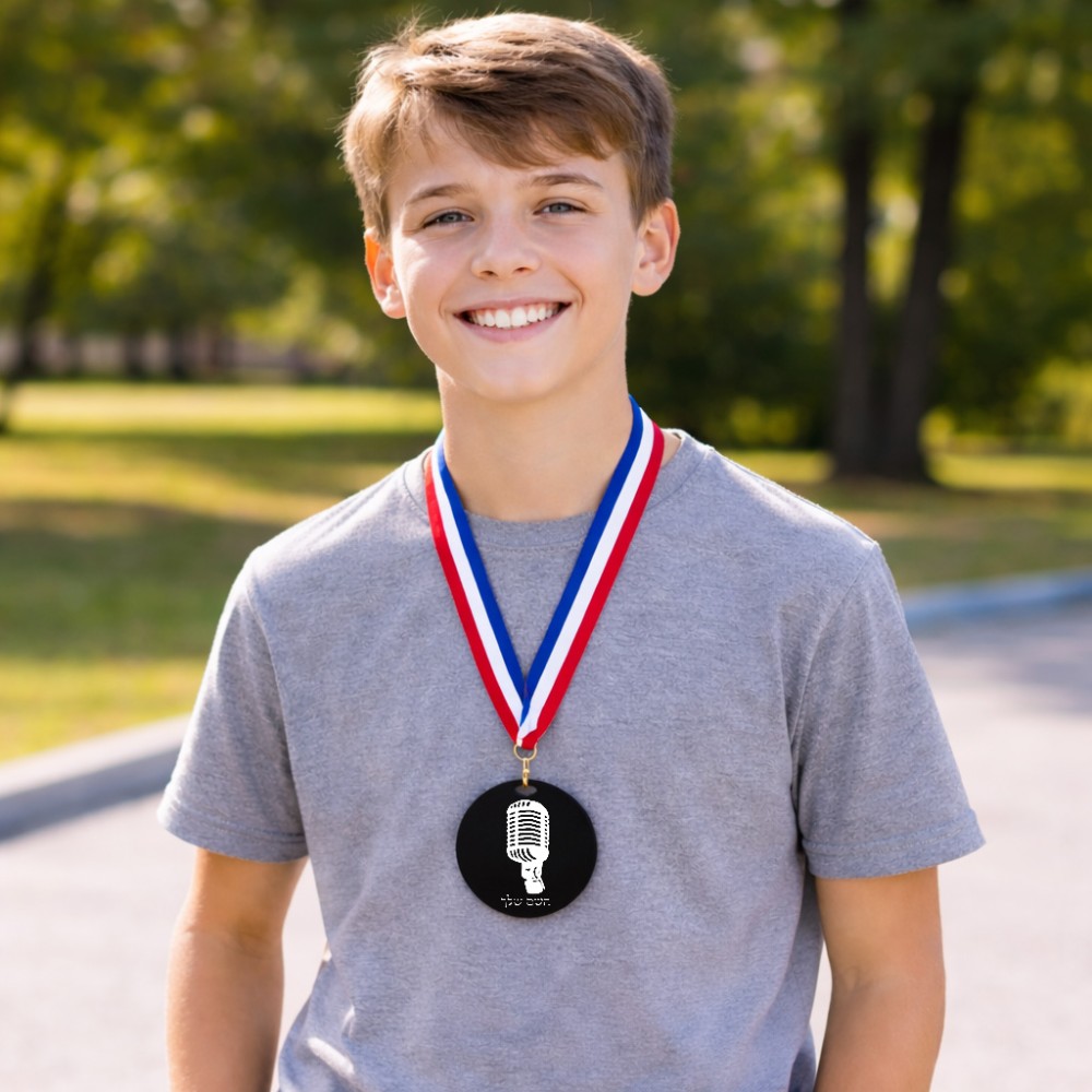 מדליה מעץ בעיצוב אישי עם השם שלך בעיצוב מיקרופון גודל 6.5 × 6.5 ס"מ